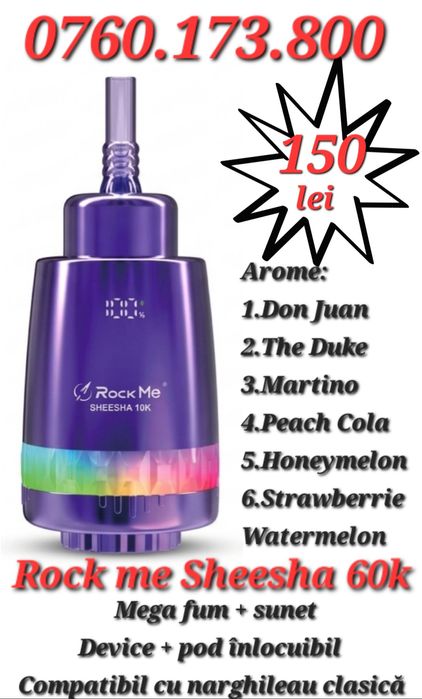 NOU! Mega Vape Rock Me 60k,sunet+fum+pod,COMPATIBIL cu NARGHILEAU