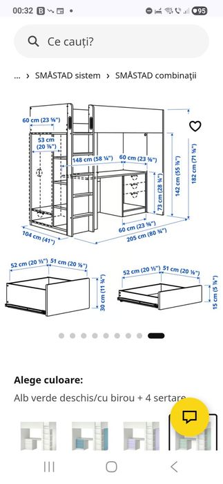 Pat supraetajat IKEA cu birou si dulap pentru camera tineret, SMÅSTAD