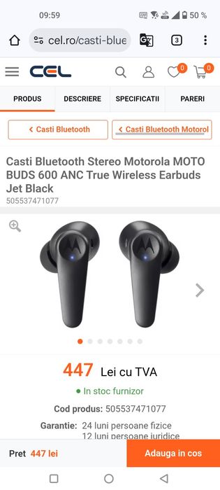 Casti Moto BUDS 600 ANC True Wireless Earbuds Motorola