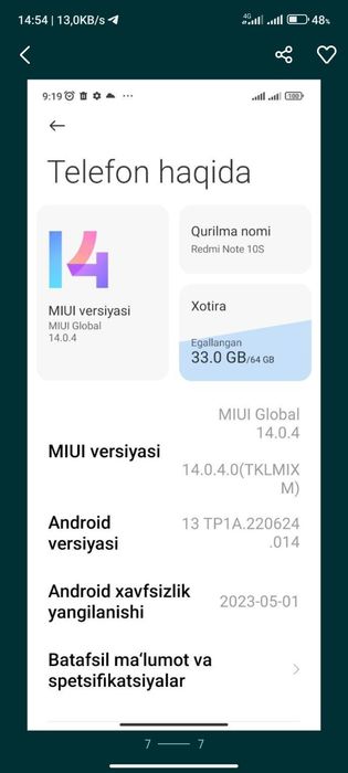 Redmi note10s 64/6+3gb