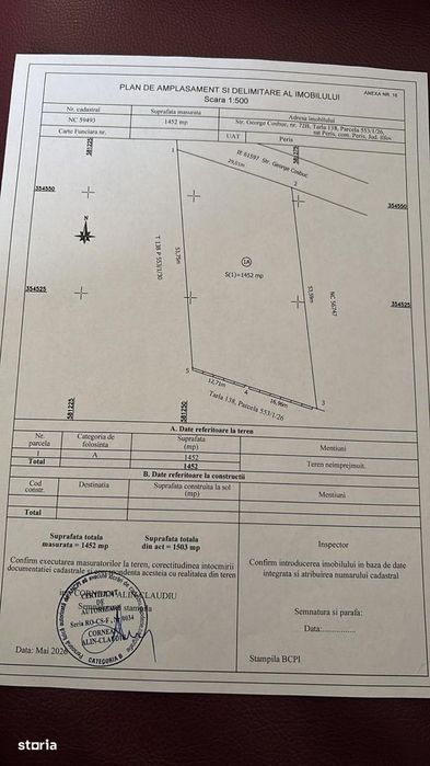 Vând teren intravilan de 1452 mp situat în comuna Periș, Județul Ilfov