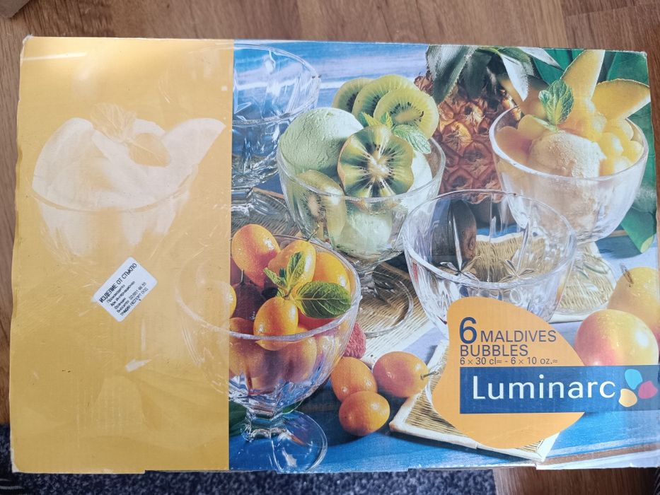 ЧИСТО НОВ комплект 6 бр. чаши за сладолед Luminarc + ПОДАРЪК лъжички