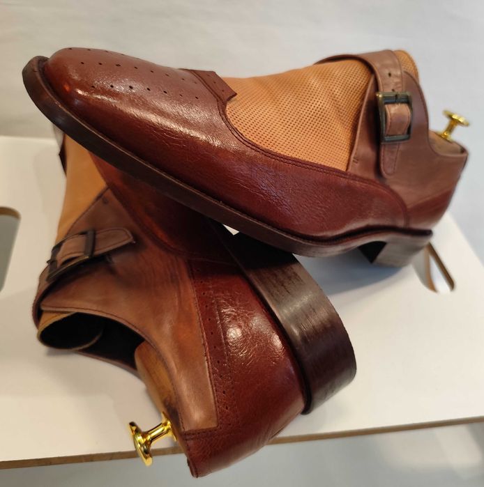 Pantofi monk de lux 44.5 45 lucrati manual Mezlan NOI piele naturala moale maro camel