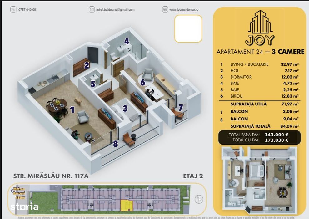 3 Camere - 5 Minute Metrou Berceni - 143.000Eur+Tva