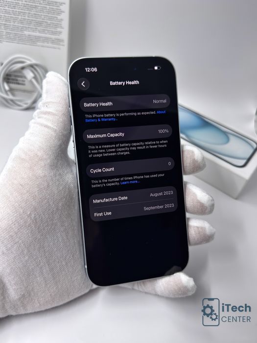 iPhone 15, 128GB, Blue, 100% батерия, КАТО НОВ, 2г. ГАРАНЦИЯ!