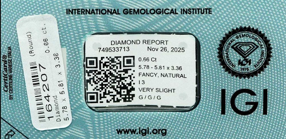 Диамант 0.66ct, I3-Fancy Brownish-Yellow, сертификат IGI