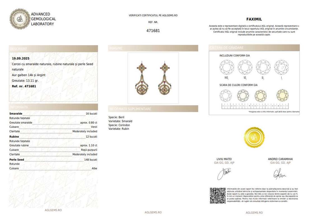 Pereche de cercei din aur și argint, cu smaralde, rubine și perle seed