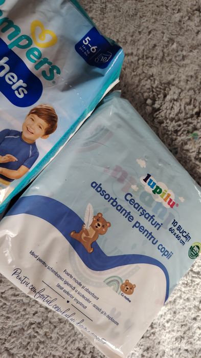 Scutece Pampers nights pants 5 22 buc, nou, pampers splashers 5-6 si cearsafuri absorbante