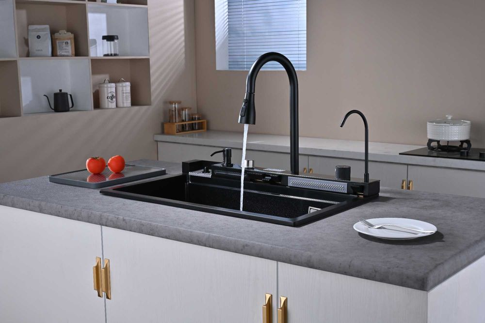 Черна гранитна мултифункционална кухненска мивка с двоен водопад