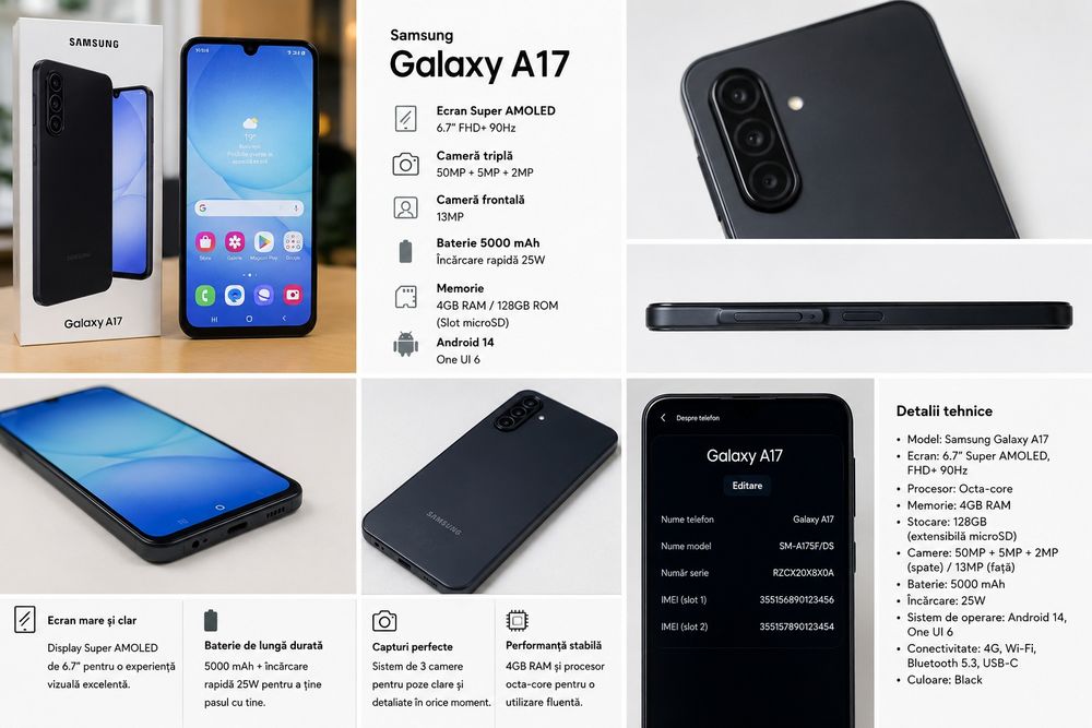 Samsung A17 128GB, 4GB RAM, stare foarte bună, puțin folosit.
Schimb cu iPhone 13 mini 256GB (baterie min. 80%).