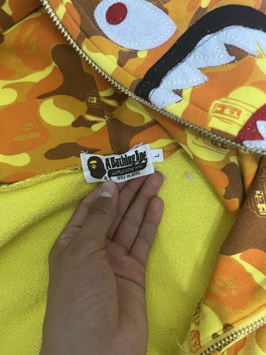 Новое худи BAPE Shark Style – жёлто-оранжевый камуфляж, размер L