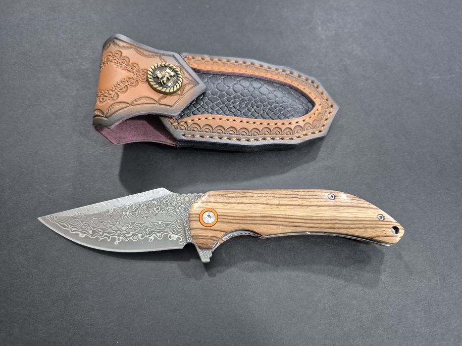 Сгъваем нож дамаска стомана с кожена кания,SD16