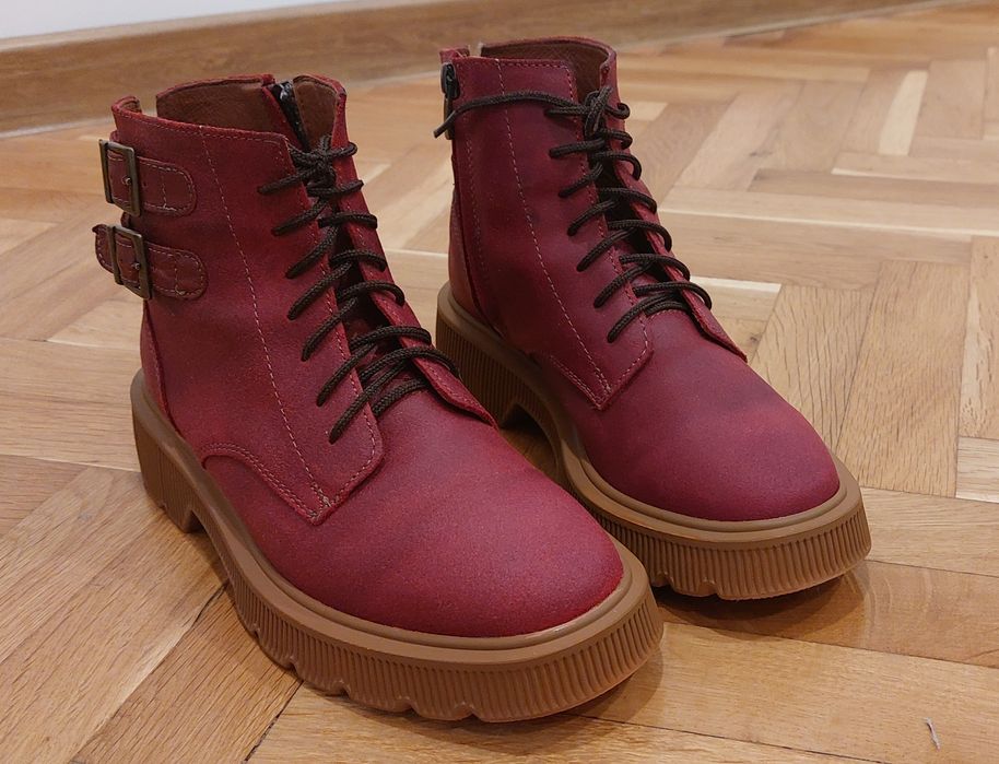 Боти естествена кожа  бордо и маслено зелено