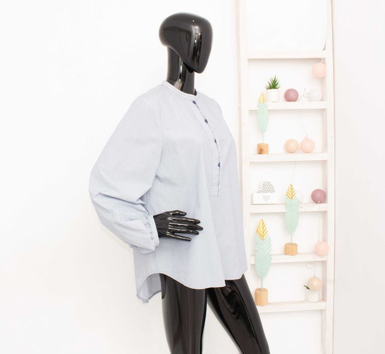 COS дамска риза синьо райе балон ръкави памук овърсайз 38 S