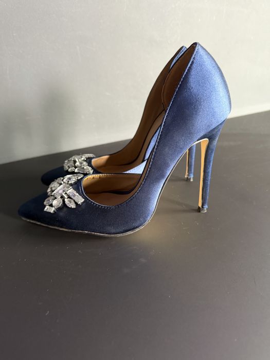 Сини високи обувки с камъни