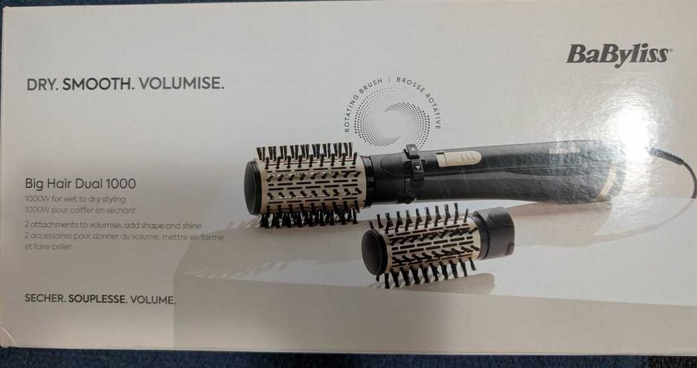 Perie Rotativa BABYLISS Big Hair AS962ROE, 1000W, 2 capete rotative, functie ionica, Negru