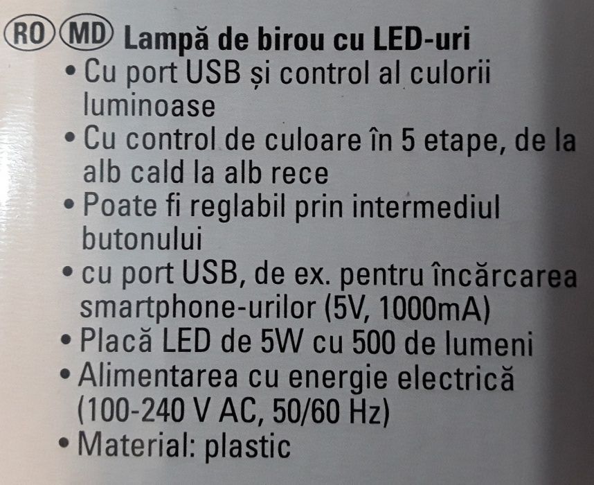 LAMPĂ DE BIROU electronica LEDURI, control culoare in 5 trepte - NOUĂ