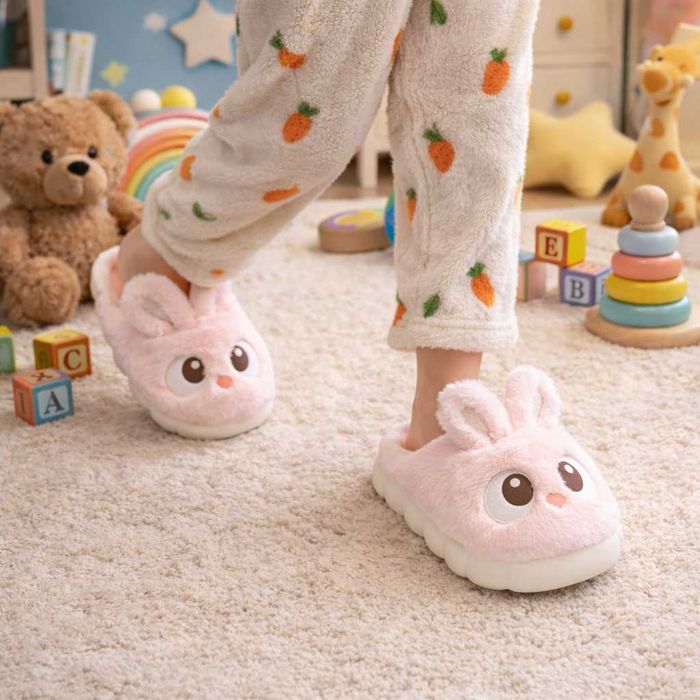 Детски 3D чехли зайче Весели Крачета розов заек с ушички домашни