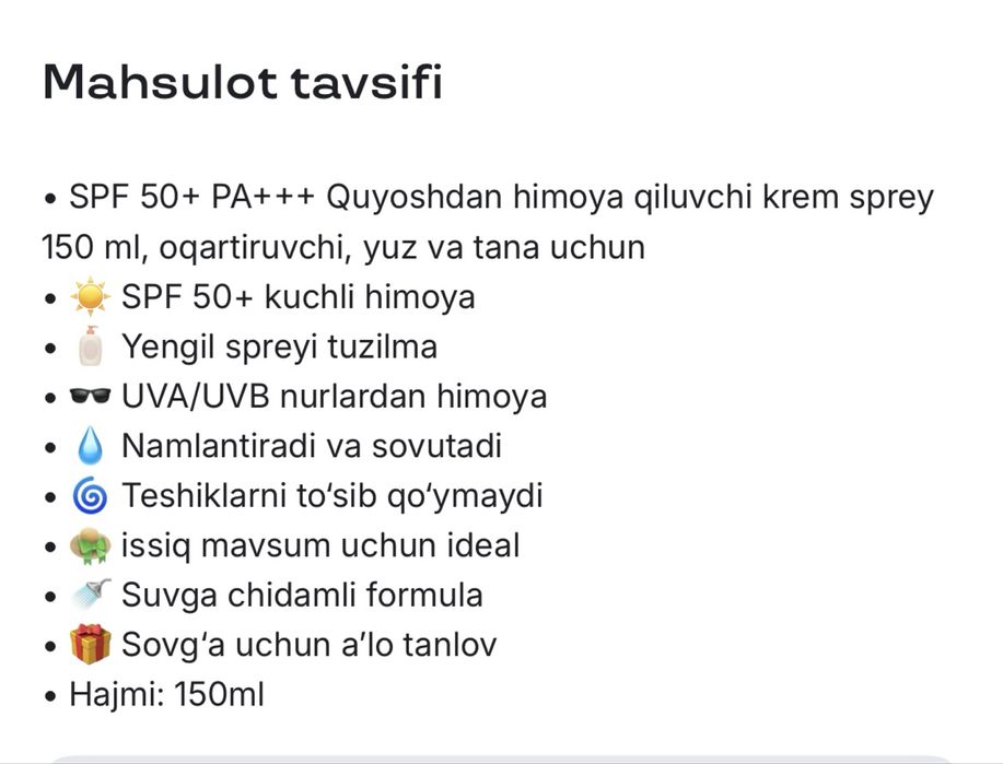 SPF 50+ PA+++ Quyoshdan himoya qiluvchi krem-sprey 150 ml yuz va tana