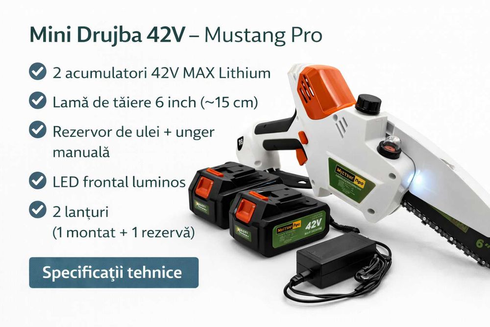 Mini Drujba 42V cu 2 Acumulatori, 2 Lanturi, LED