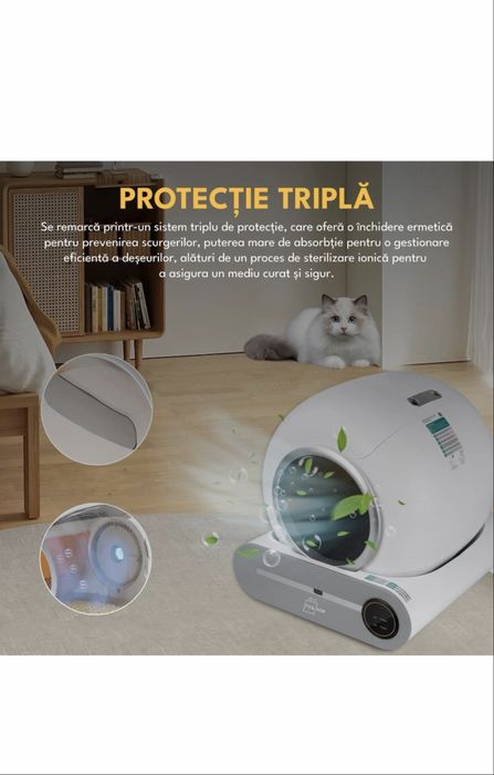 Litiera automata pentru pisica / pisici , auto-curatare, elimina mirosurile, aplicatie mobila, capacitate 9l, sterilizare IV, alb