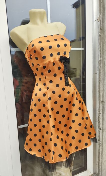 Rochie satin portocalie buline tip vintage polka dot pin up voal retro