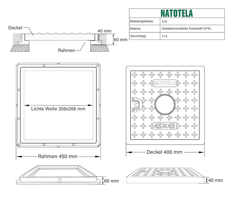 Capac si rama pentru camin 45x45 cm, din plastic ranforsat cu fibra de sticla (FRP), NOU, Factura