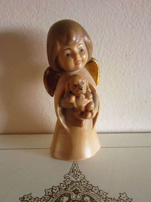 cadou rar Inger cu catelus sculptura lemn colectie Germania 1980