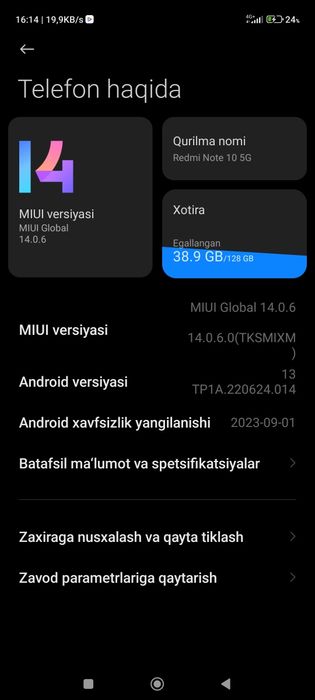 Redmi Note 10 5G 
128/6+5 ideal ochilmagan.
Hech qayeri almashmagan Ba