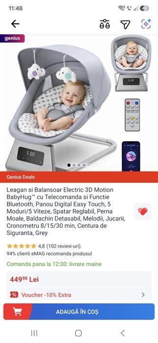 Leagan si Balansoar Electric 3D Motion BabyHug™ cu Telecomanda si Functie Bluetooth, Panou Digital Easy Touch, 5 Moduri/5 Viteze, Spatar Reglabil