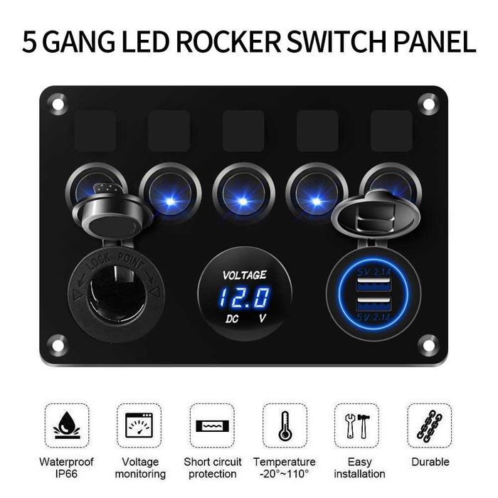 Панел с 5 бутона превключвател 2 бр USB 4.2А 12V и волтметър за МПС