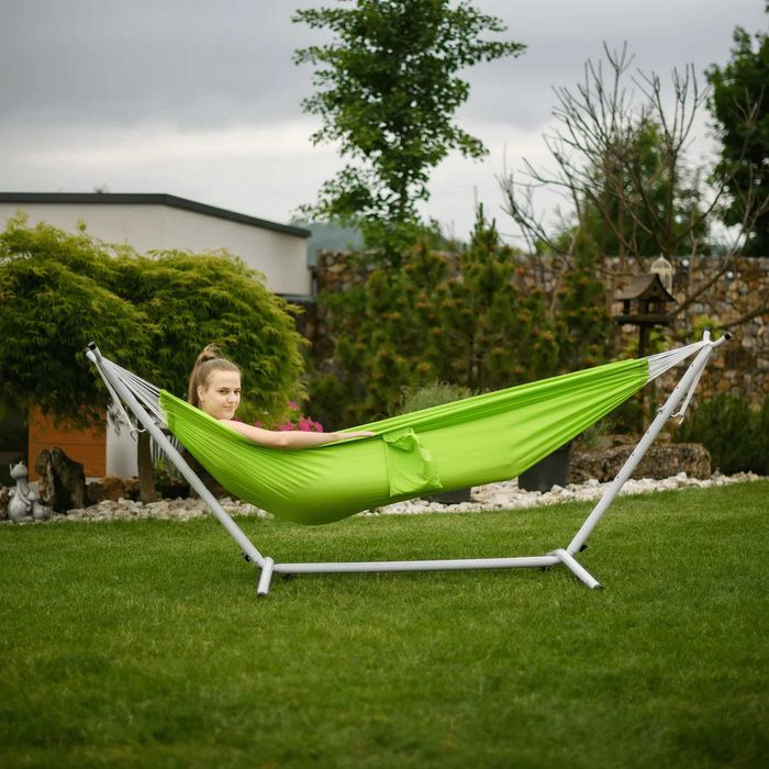 Hamac leagan gradina plaja camping 200 x 100 cm, perna colac, 2 chingi ancorare, material fas verde. 200x80cm anti-răsturnare, sac-fata perna bumbac