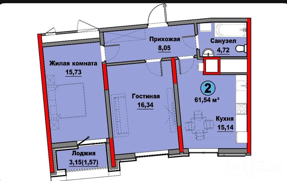 2-комнатная квартира 61,7 м², Мирзо-Улугбекский район, 2 этаж