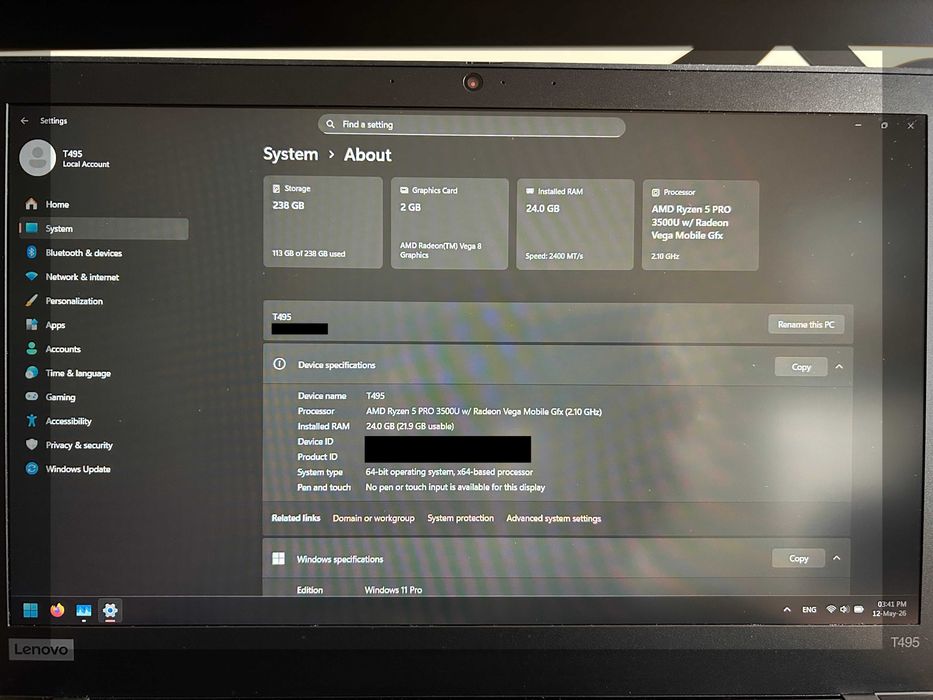 Lenovo ThinkPad T495 / Ryzen 5 3500U / 8GB RAM / 256GB NVMe SSD / FHD IPS / TPM 2.0 / Windows 11 Pro