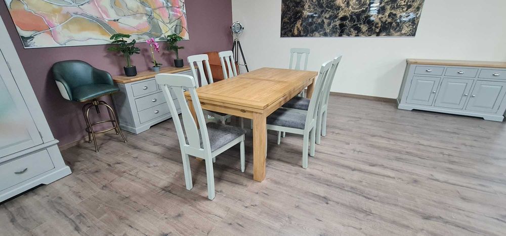 ПРОМОЦИЯ! Нова дървена разтегателна трапезна маса от дъб с шест стола