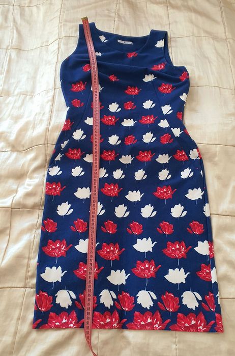 TU UK S M rochie tricot mulata florală albastră bodycon midi elastică casual office