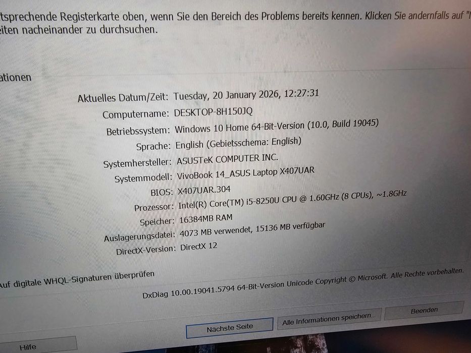 Laptop Asus vivobook 14 model x407uar Intel i5 gen 8