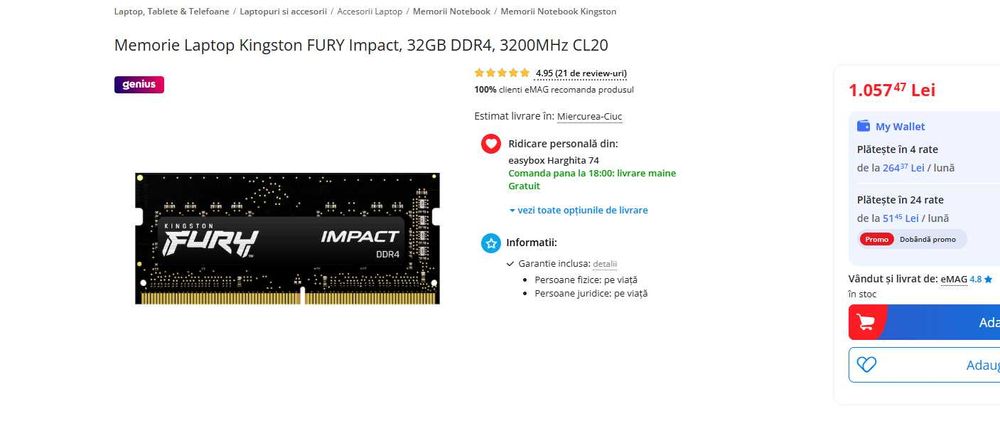 Memorie Laptop Kingston FURY Impact, 32GB DDR4, 3200MHz CL20