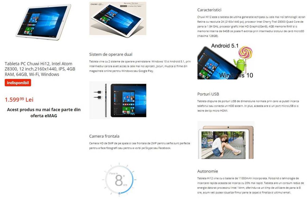 Tableta Chuwi Hi 12, Intel, 12"' 4GB, 128GB, Windows 10+Android 5.1