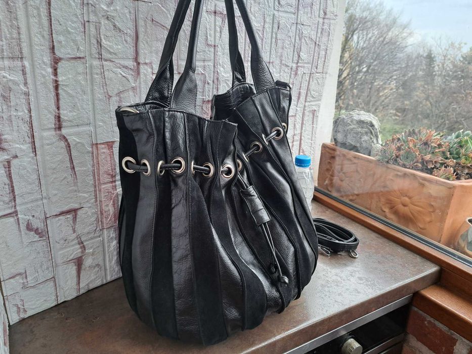 дамска чанта,черна голяма кожена торба-естествена кожа и велур