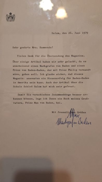 Scrisoare Regală 1979 Semnată de Max Markgraf von Baden (Nepotul Prințului Philip)