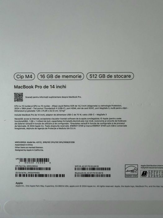 MacBook Pro 14" M4, 16GB, 512GB SSD - Stare impecabila, in GARANTIE