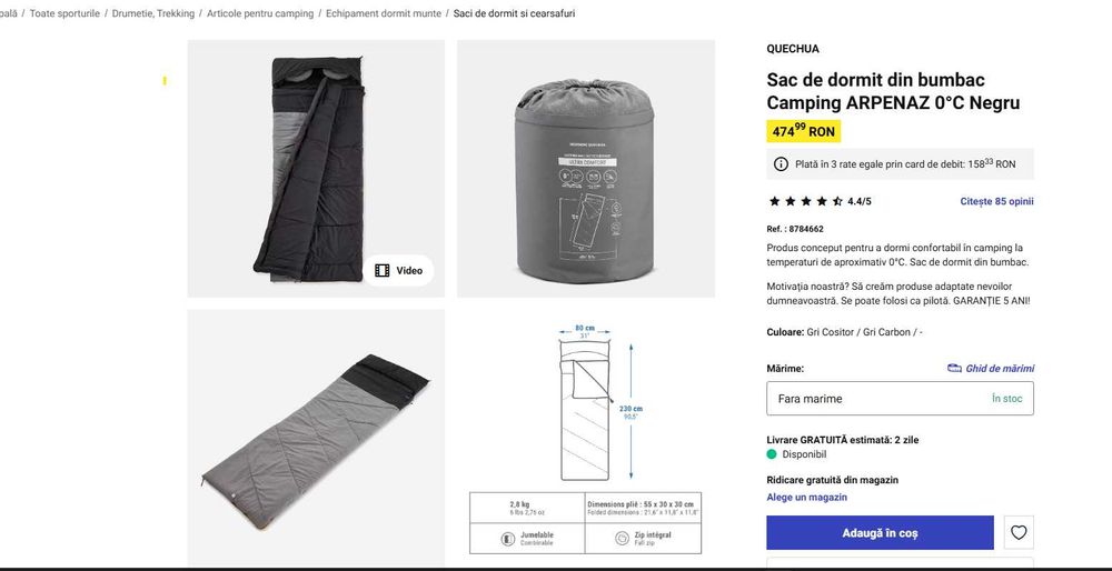 Sac de dormit din bumbac Camping ARPENAZ 0°C Gri-Visiniu