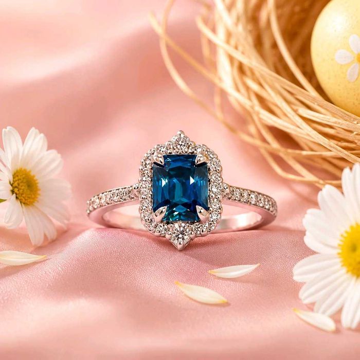 Пръстен със син сапфир 1.43 ct и естествени диаманти 0.35 ct F/VS – 14K бяло злато, Арт Деко, Сертификат GemLab