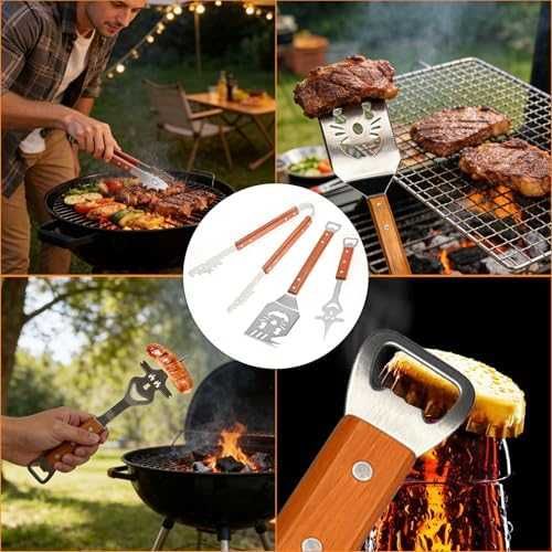 Нов BBQ комплект 3 части неръждаема стомана с дървени дръжки готвена скара грил инструменти