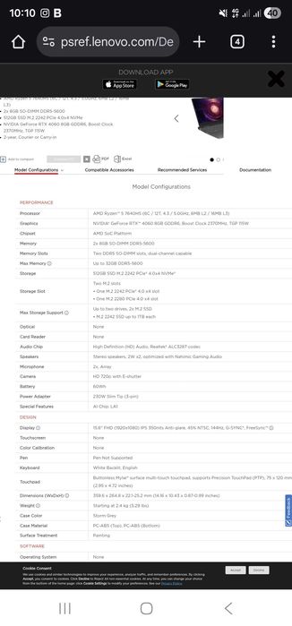 Laptop, Lenovo, Ryzen 5 7640HS, 16 GB, 500gb GB, RTX 4060, 144 Hz