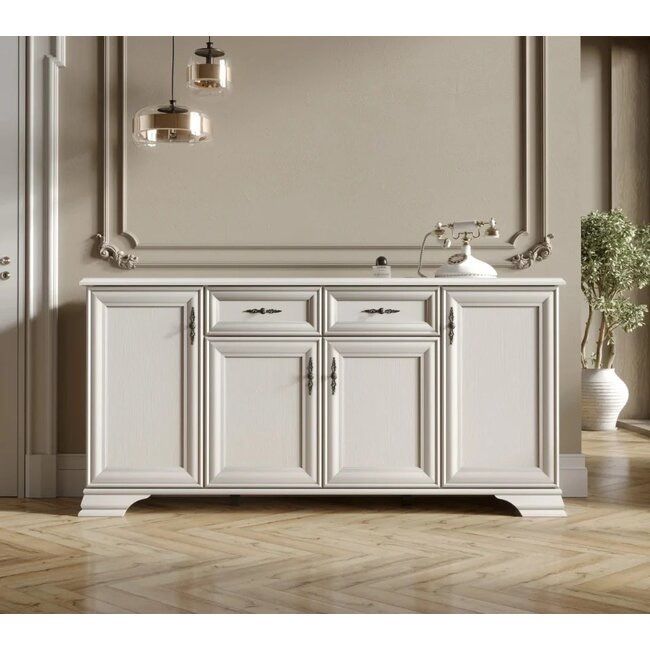 Comoda Kentaki 2 usi si 4 sertare, alb alpin, stil clasic elegant, material MDF