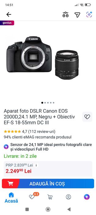 Aparat foto DSLR Canon EOS 2000D,24.1 MP, Negru + Obiectiv EF-S 18-55mm DC