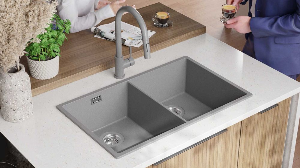 Сив гранитна мивка с две корита за вграж Лондон 80 Twin 760 x 470 мм