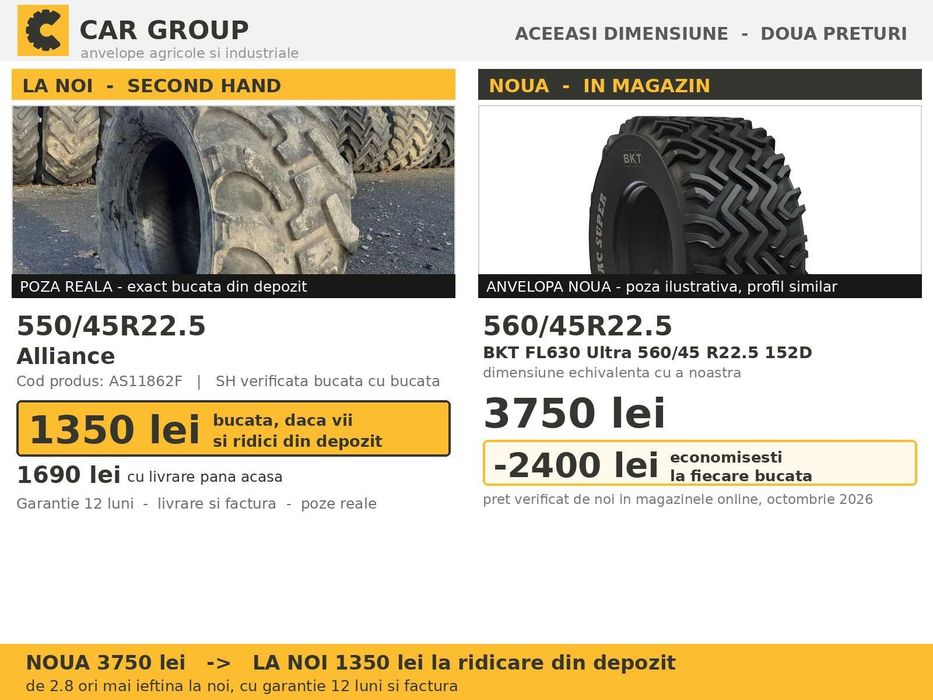 Cauciucuri Anvelope 550/45R22.5 550/45 R22.5 550/45-22.5 560/45R22.5 55045225 Alliance Remorca Implement Flotatie SH Second Hand IEFTIN Oferta Livrare